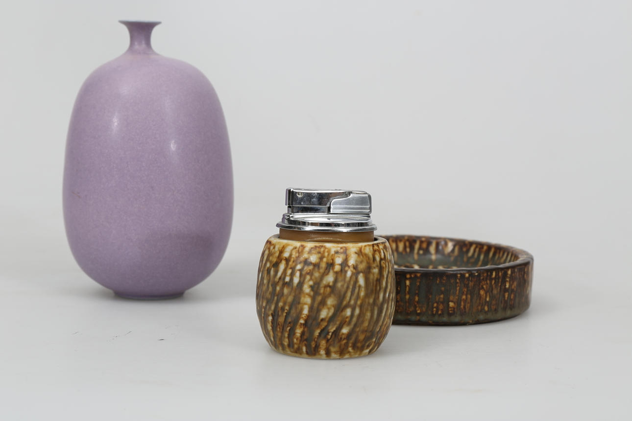 VAS; SKÅL OCH CIGARETTÄNDARE, stengods, 3 delar, Rörstrand.