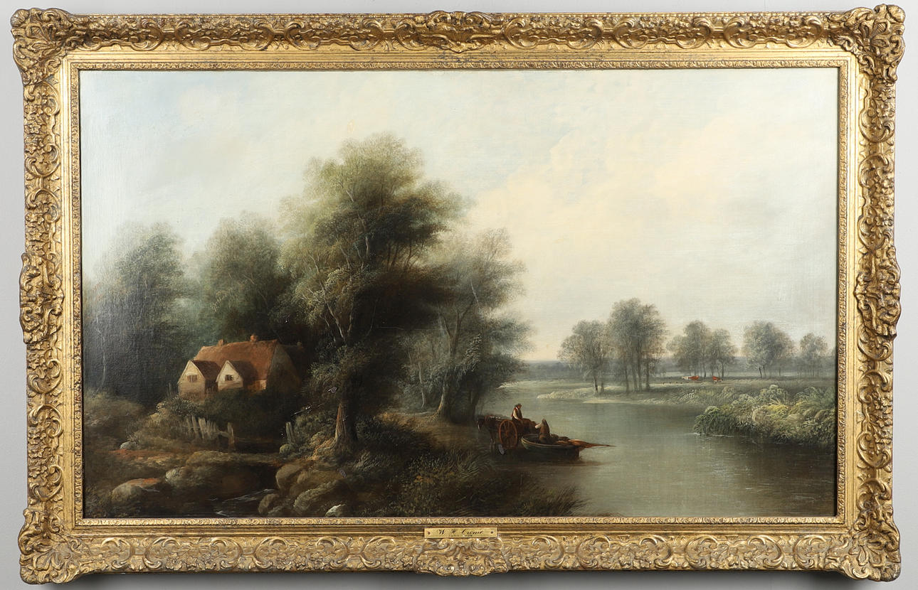 ATTRIBUTED TO WILLIAM HENRY CROME (1806-1873). FIGURES WITH A BOAT AND A CART NEAR A HOMESTEAD, POSSIBLY ON THE RIVER YARE AT BRAMERTON.