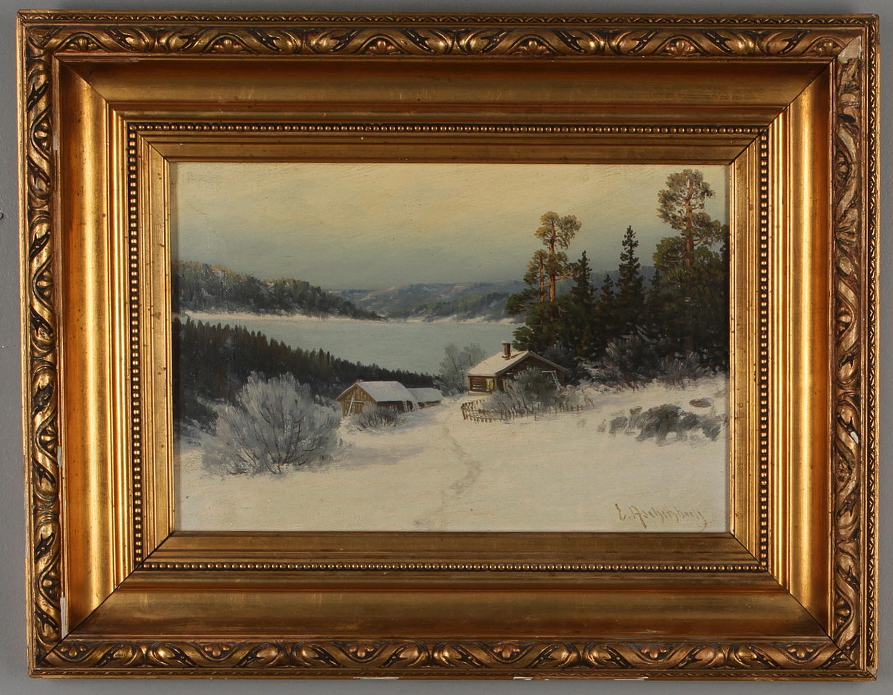 ERNST ASCHENBACH. Vinterlandskap med hytte, olja på duk, signerad.