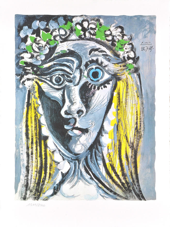 PABLO PICASSO. Grafik, stor litografi från ”Tete de Femme”. Handrivna bågar handgjorda papper.
