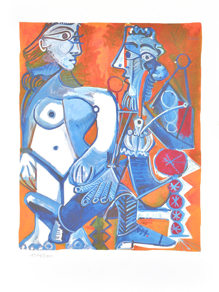 PABLO PICASSO. Grafik, stor litografi ”Nu et fumeur”. Handrivna bågar handgjorda papper.