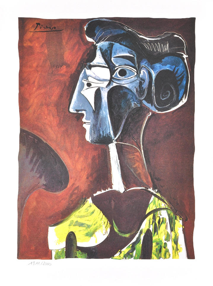 PABLO PICASSO. Grafik, stor litografi ”Grand Profil”. Handrivna bågar handgjorda papper.