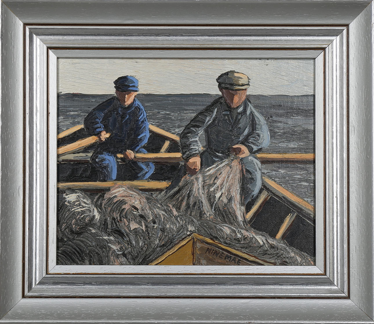 BORIS NINEMAE. Olja på duk, "Far och son ska lägga näten", signerad Ninemae.