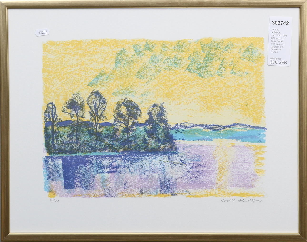 BERTIL ALMLÖF. Landskap i gult, blått och lila. Färglitografi. Signerad och daterad -90. Numrerad 35/180.