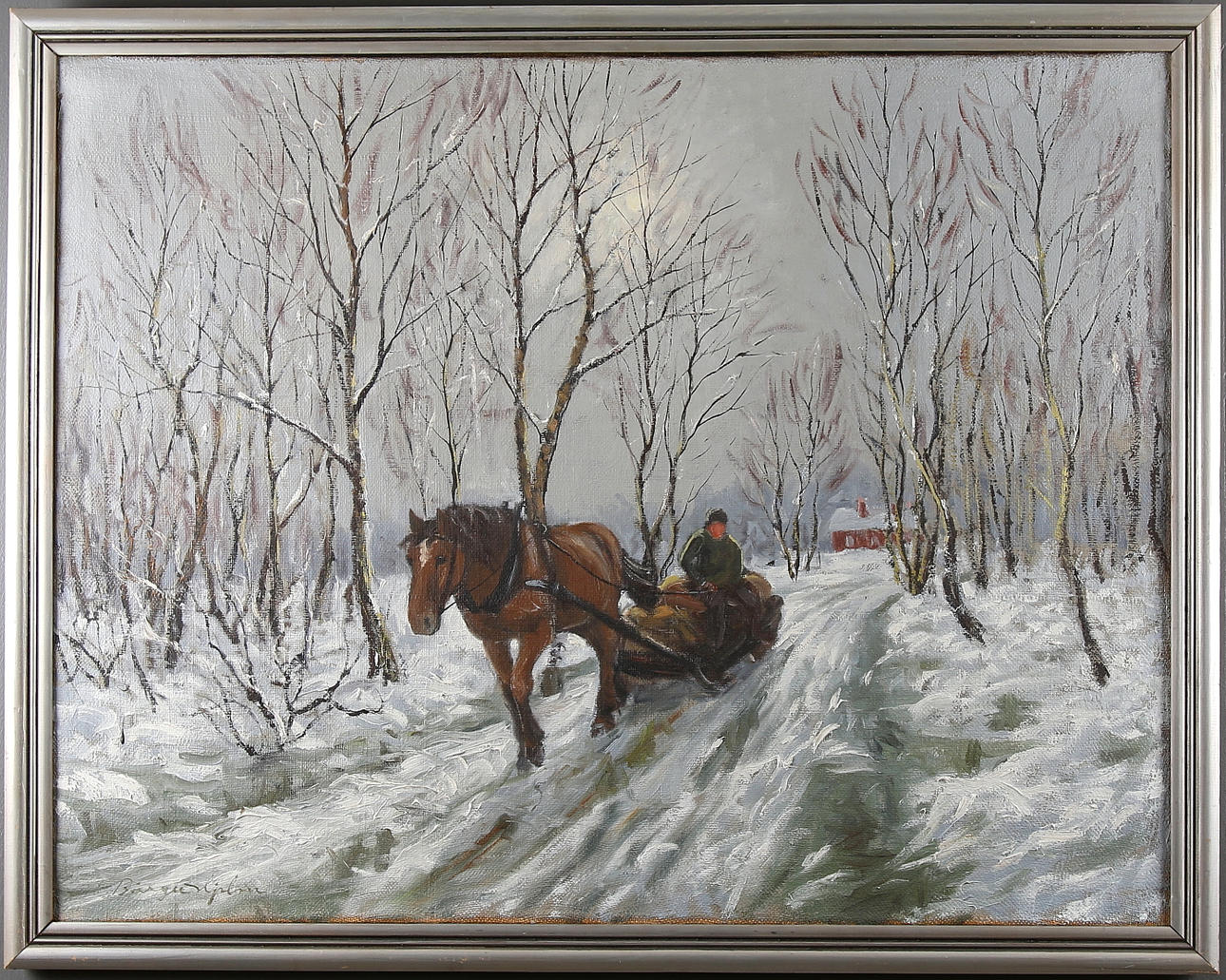 BIRGER HJELM. Häst och släde, olja på duk, signerad.