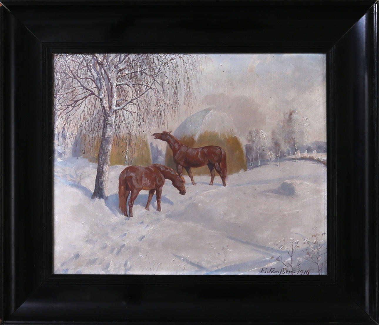 OIDENTIFIERAD KONSTNÄR. Hästar i vinterlandskap, olja på duk, signerad samt daterad 1916.