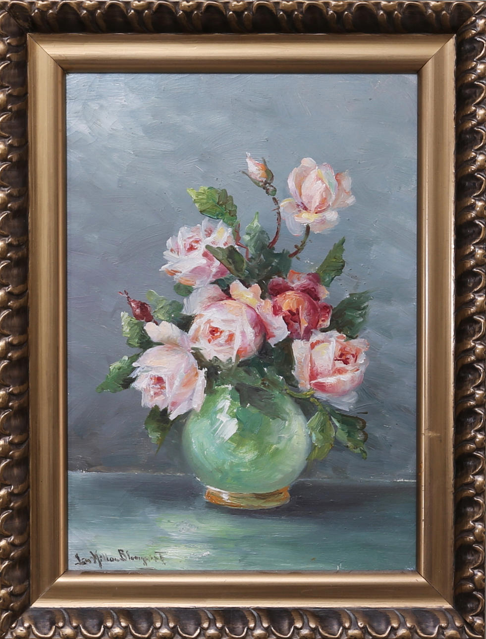 OIDENTIFIERAD KONSTNÄR. Blomsterstilleben, olja på duk, signerad.