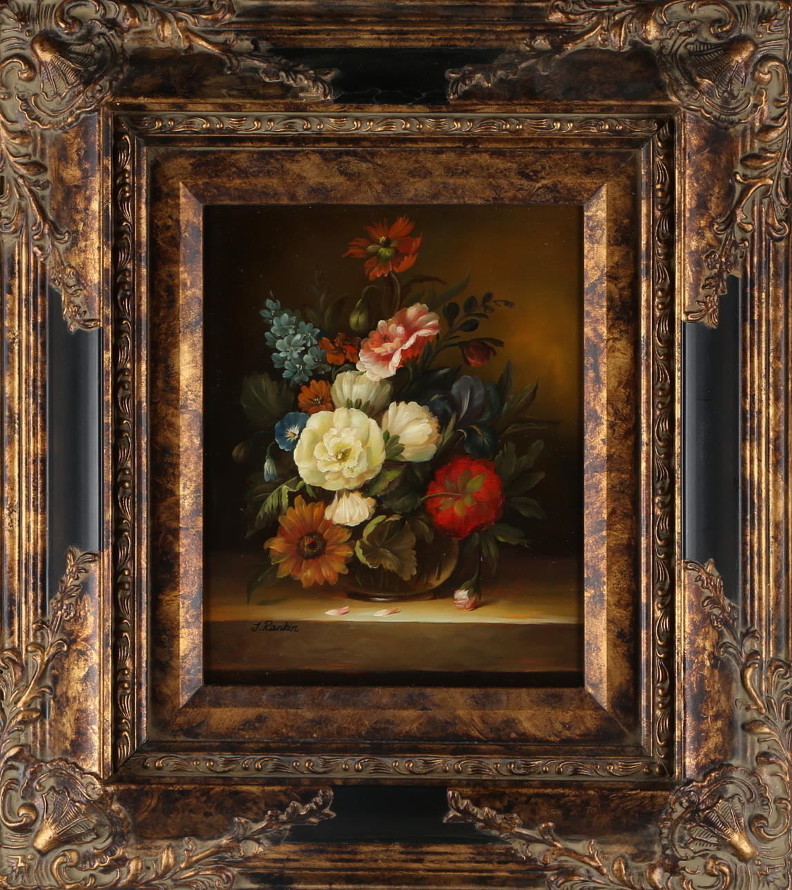 J RANKIN. Blomsterstilleben, olja på pannå, signerad J.Rankin.