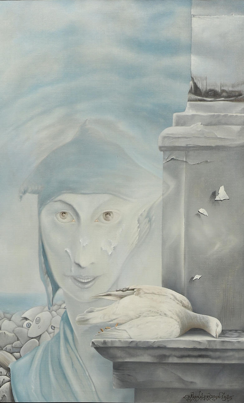 HAWK ALFREDSON. Oil on canvas, surreal, "at the end of the crow's eye", signed, dated 1985.