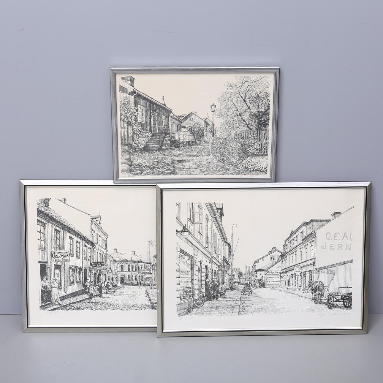 JAN CARLSSON. Lithographs, 3 pcs, Oskarshamn motif, signed and numbered.