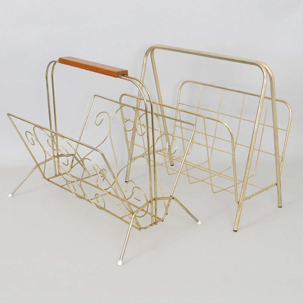 TIDNINGSKORGAR, 2 stycken, mässing/teak.