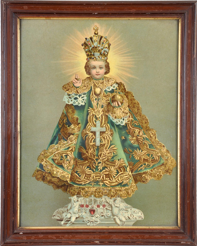 ANTIKE DRUCKGRAFIK. Krönt Jesus i brokaddräkt, regalia orb, krona & korsa.