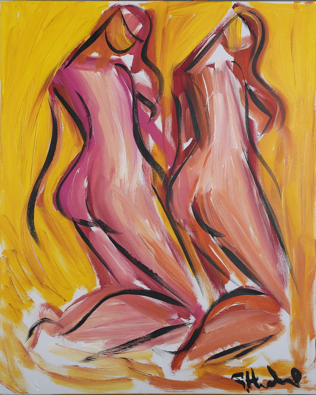 GÖRAN HAUSENKAMP. Modeller i rosa och gult, akryl på duk, signerad G Hausenkamp.