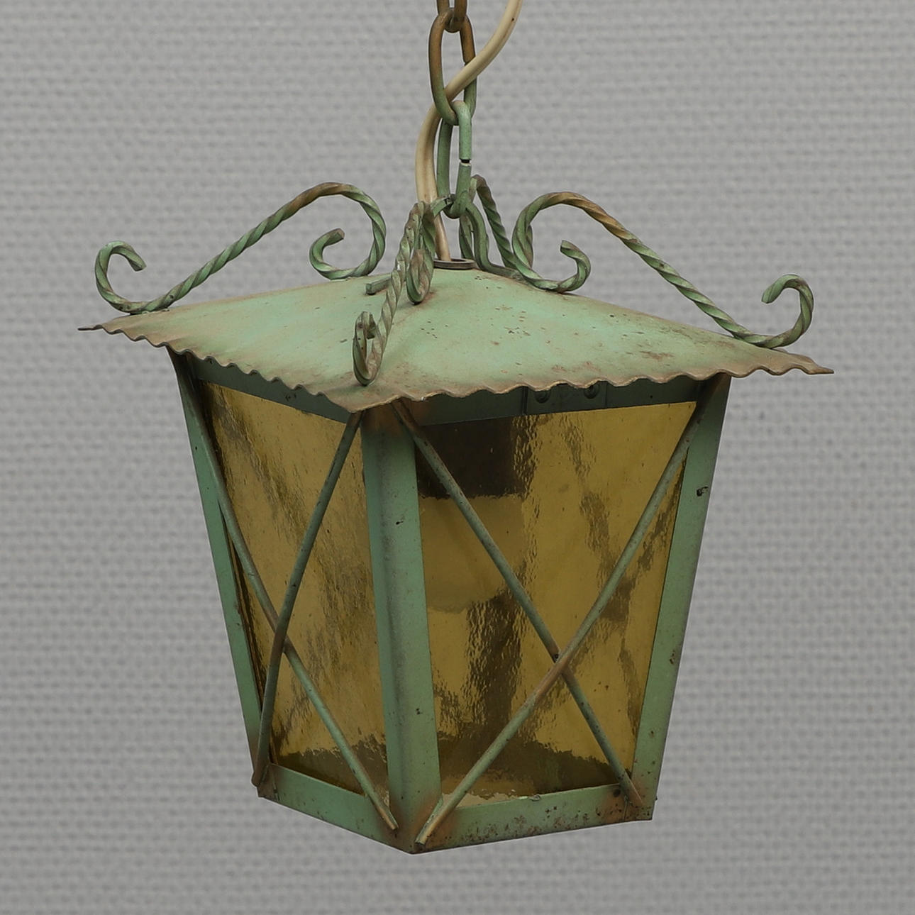 CEILING LANTERN/HALL LAMP, wrought iron & glass.