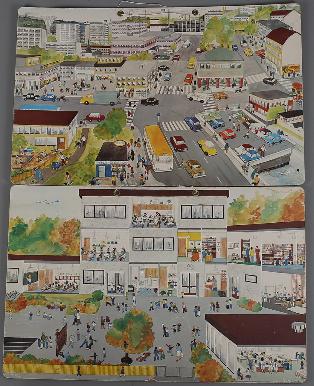 SKOLPLANSCHER, 2 st, stadsbilder, offsettryck, Marianne Erlandsson.