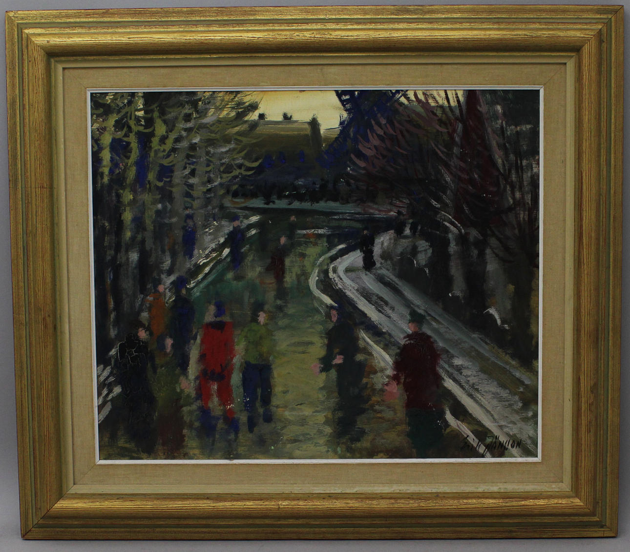 ERIK JÖNSSON. Skidskoråkare i kanalen, Malmö. Olja på pannå. Signerad.