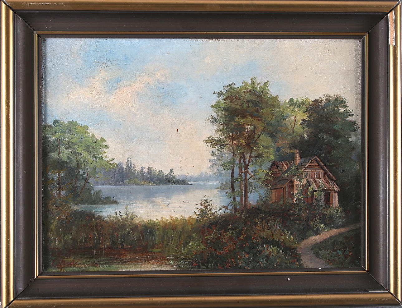 OIDENTIFIERAD KONSTNÄR. Stuga vid sjö, olja på duk. Signerad och daterad "Kopia, TvH -91". 1800-tal.