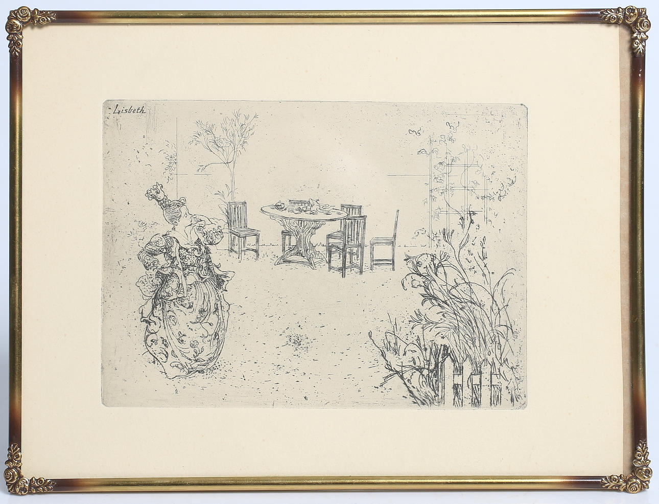 CARL LARSSON. "Lisbeth spelar teater", etsning. Ej signerad.