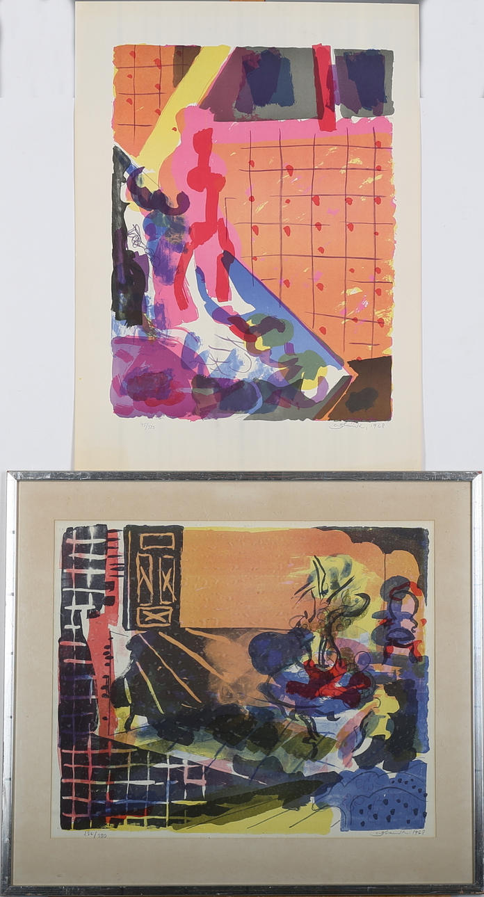 ROLAND K NILSSON. Färglitografier, 2 st, kompositioner, signerade, numrerade samt daterade 1968.