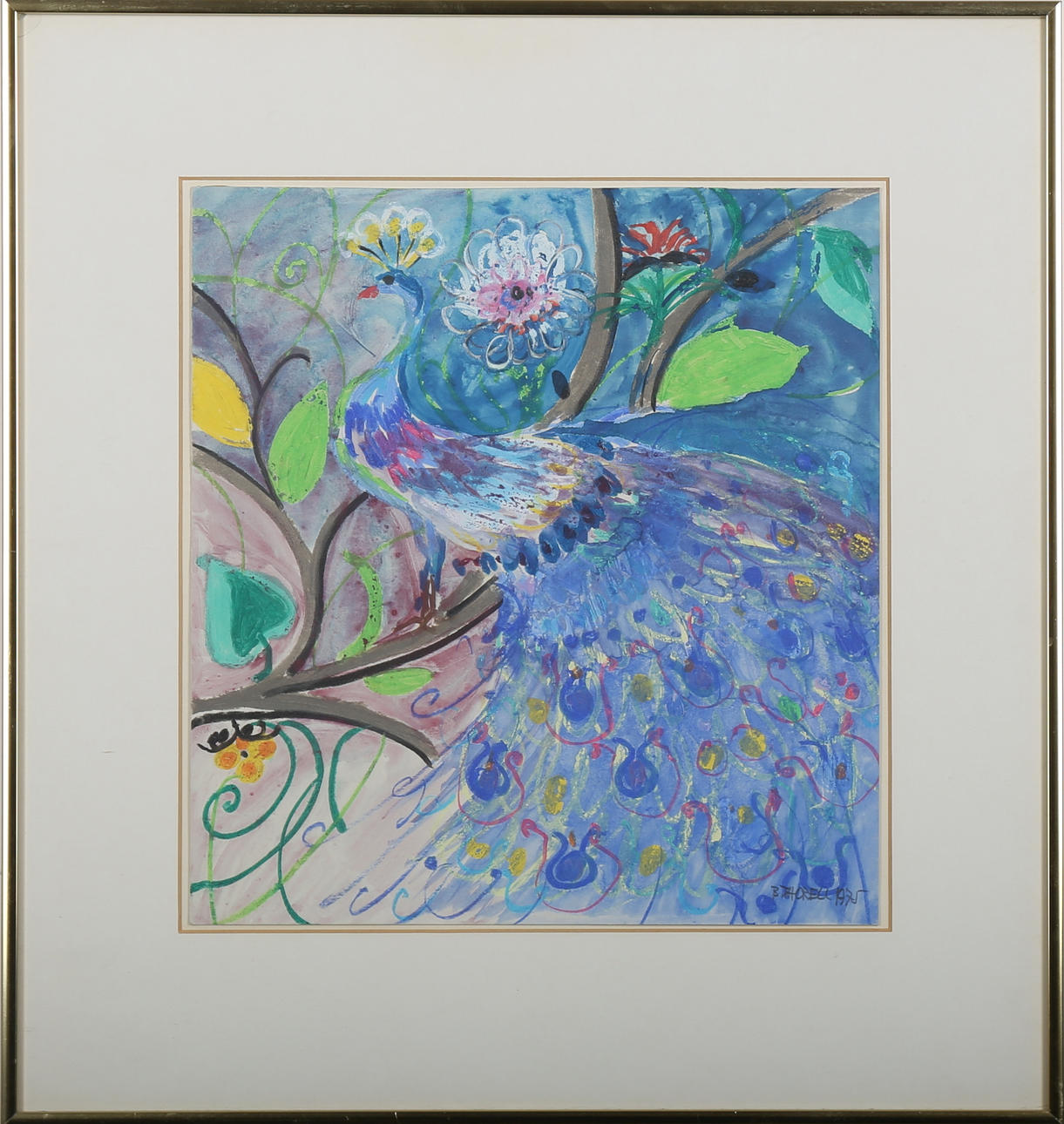 BRITA THORELL. komposition med påfågel, blandteknik, signerad B Thorell, daterad 75.