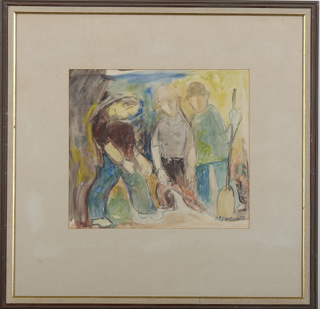 ERIK SIGFRID PERSSON. Akvarell, arbetande män, signerad ES Persson samt daterad 88.