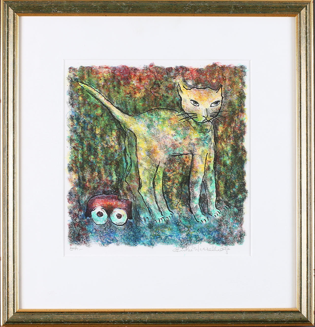 BIRTHE WESSELHÖFT. Katt med leksaksbil, färglitografi, EA. Signerad.