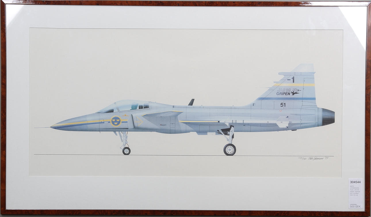 MATS JOHANSSON. Tryck, JAS 39 Gripen, signerat och numrerat 025/140.