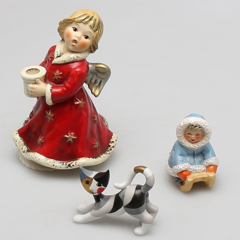 FIGURINER i porslin, 3 st, Goebel, Tyskland, bl, a katt, Rosina Wachtmeister.