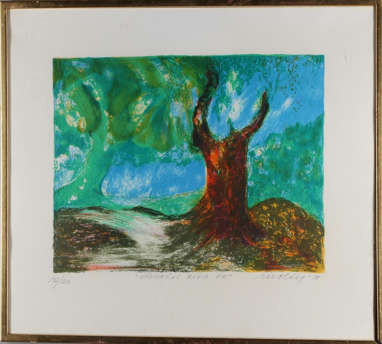 BRITA MOLIN. Färglitografi, "Väderöns röda ek", signerad, daterad samt numrerad Molin -78, 172/210.