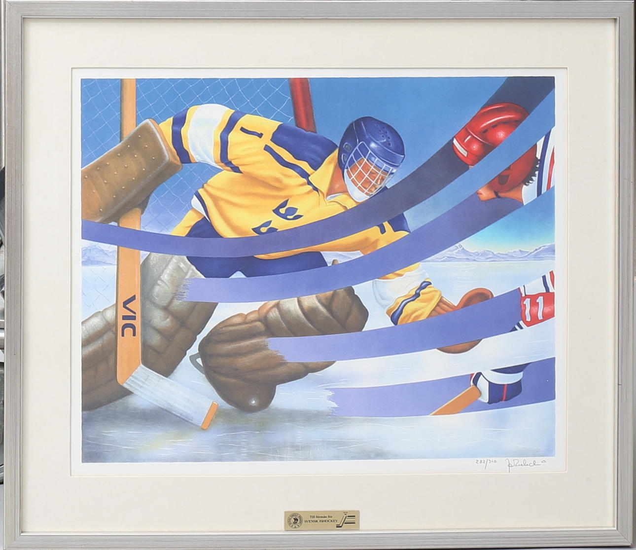 PER ADALBERT. Hockeymålvakt. Färglitografi, signerad och numrerad 282/360.