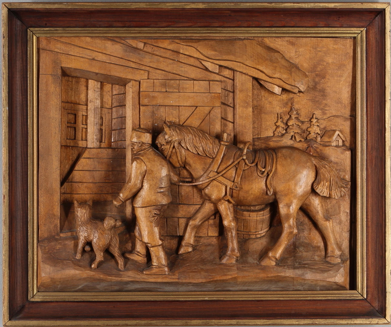 TAVLA, träskuren, man med häst och hund, 1900-tal.