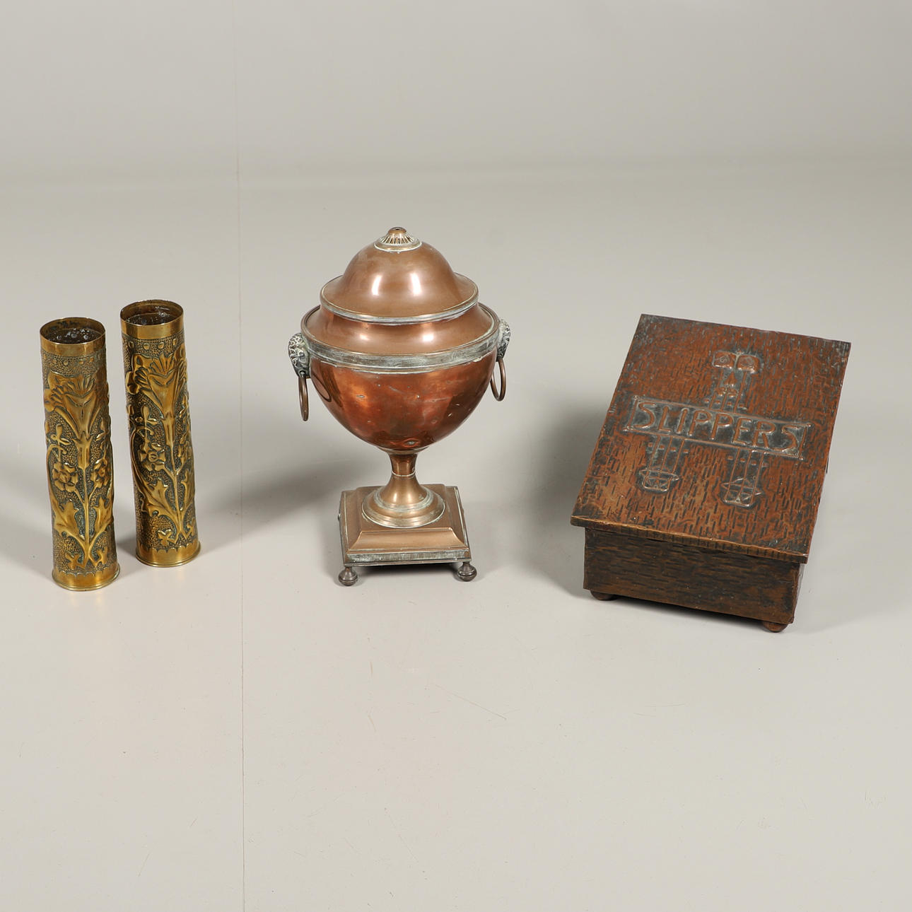 ARTS & CRAFTS COPPER SLIPPER BOX, COPPER SAMOVAR & TRENCH ART SHELL CASES.