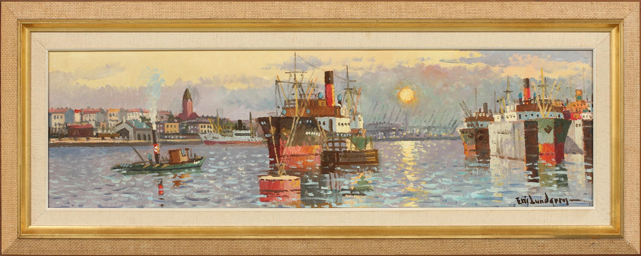 ERIC LUNDGREN. Motiv av Göteborgs hamn, olja på duk, signerad.