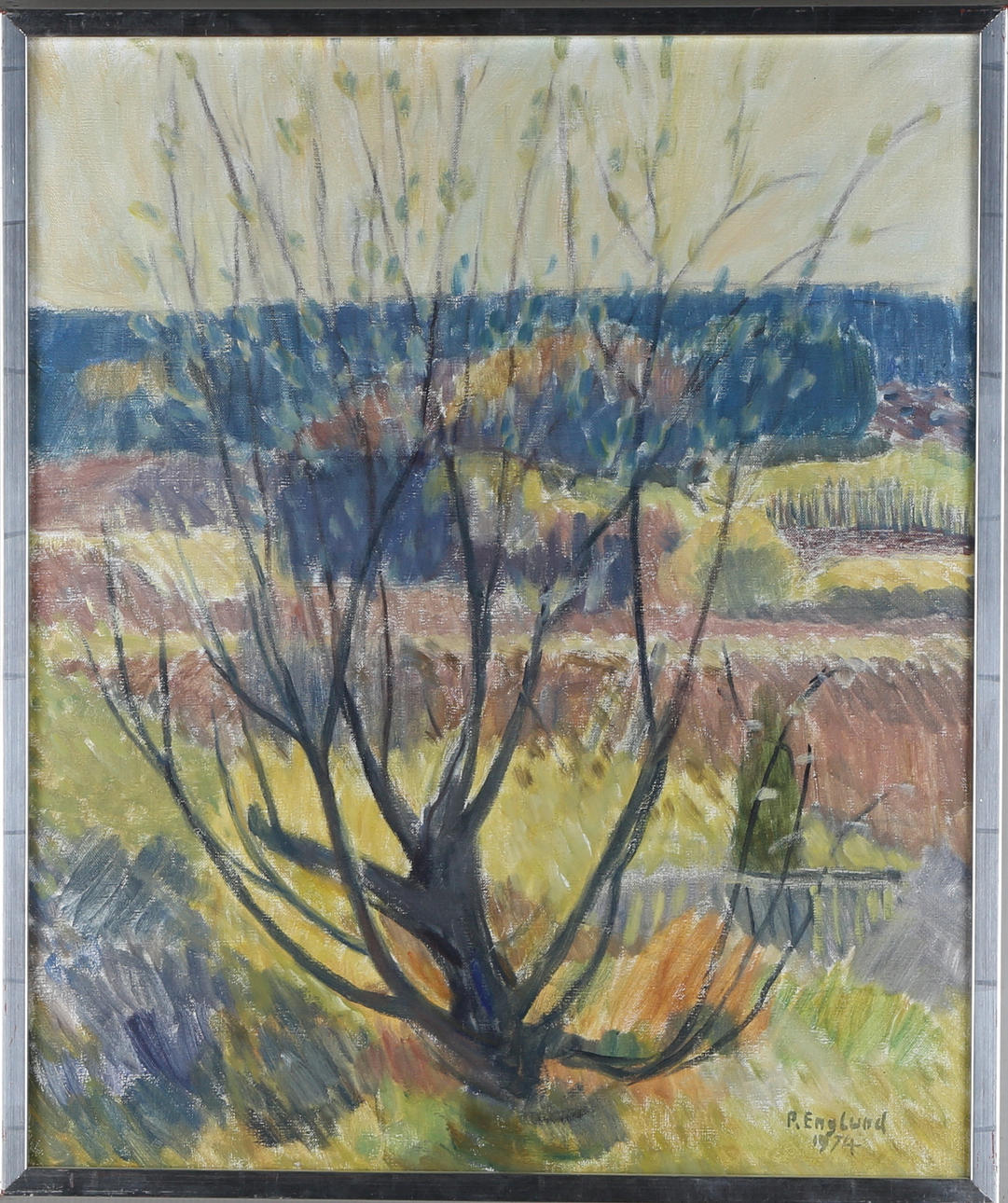 PER ENGLUND. Olja på duk, "Vårlandskap med pil", signerad samt daterad P. Englund 1974.