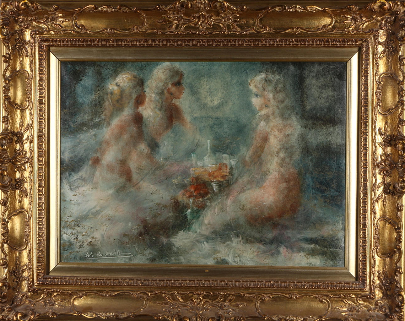 WALTER DU HALDE. Kvinnor vid matbord, olja på duk, signerad W.Du Halde.