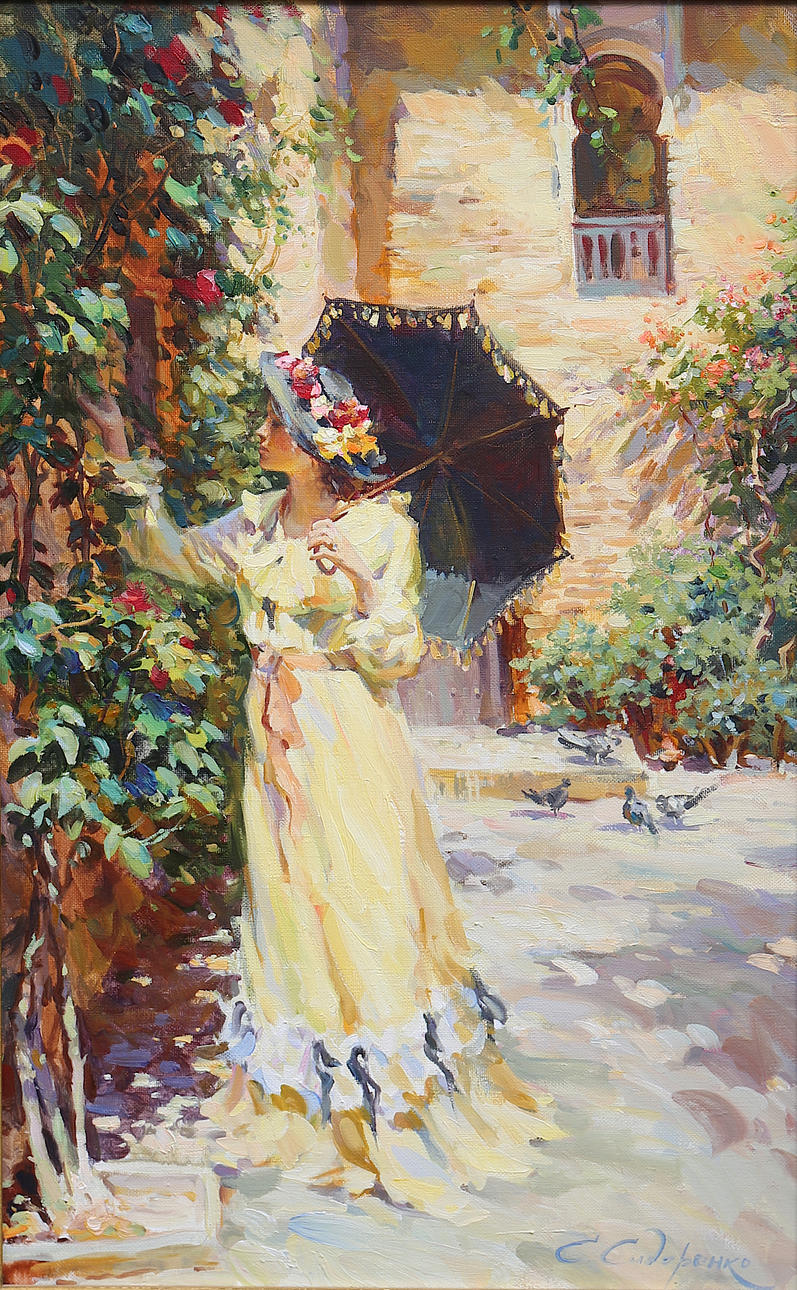 SERGEI SIDORENKO. Eine junge Frau mit einem Regenschirm.