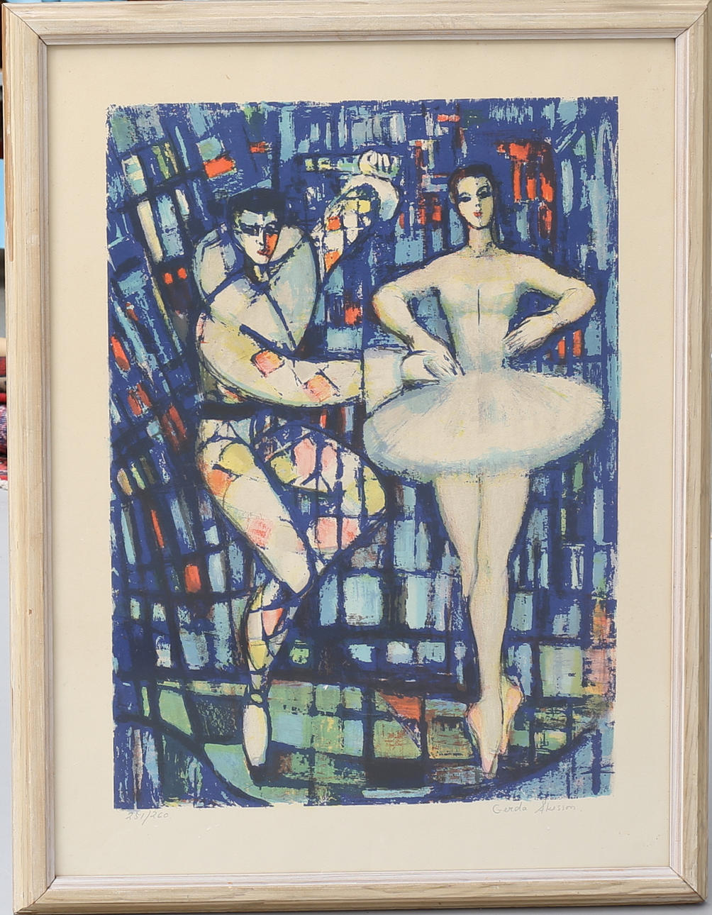 GERDA ÅKESSON. Ballerina och harlekin. Färglitografi, signerad, numrerad 251/260.