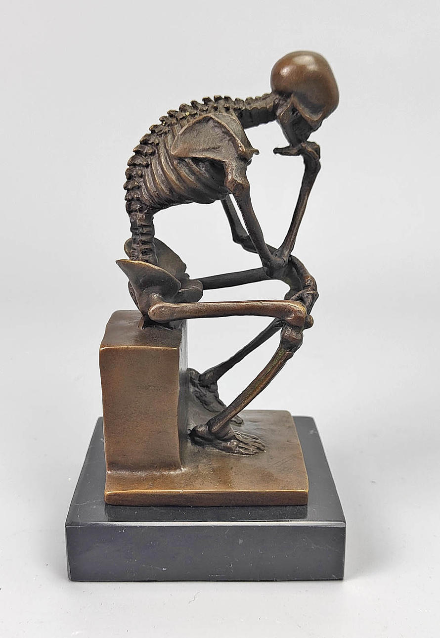 BRONZE SCULPTURE, THE THINKER, SKELETON.