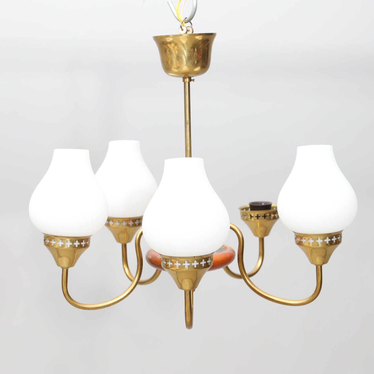 CEILING LAMP, teak and brass, mid-20th century.
