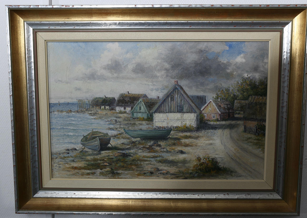 CARL MÅNSSON. Olja på duk, Skånskt fiskeläge, signerad C Månsson.