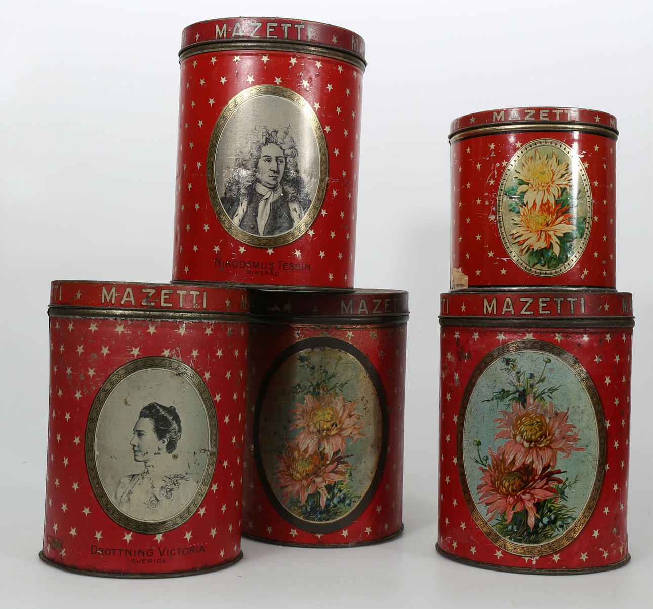 PLÅTBURKAR, 5 stycken, Mazetti, 1900-talets första hälft.