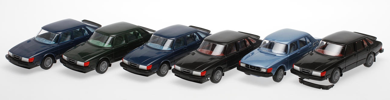 MODELLBILAR, plast, 6 st, Saab, nya i förpackning.