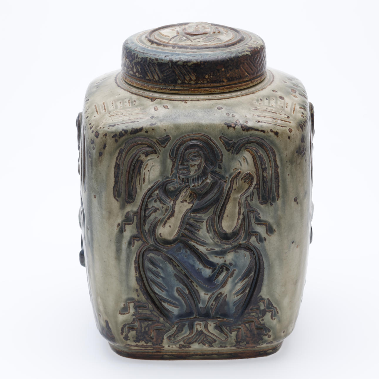 JAIS NIELSEN. LARGE SQUARE JAR, Royal Copenhagen, Stoneware, Sung Glaze.