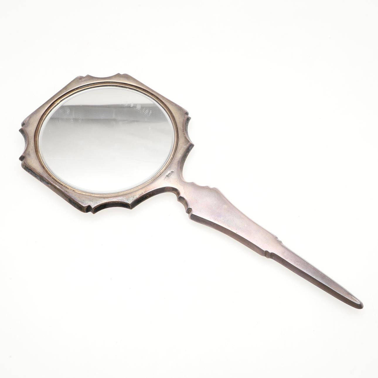 AN ART DECO SILVER AND ENAMEL DRESSING TABLE MIRROR.