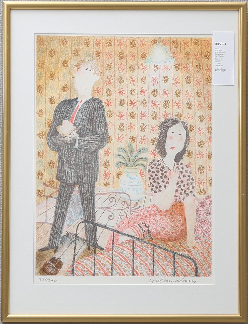 KJELL SUNDBERG. Motiv från Evert Taubes visa om Karl-Alfred och Ellinor, färglitografi, numrerad 334/390, signerad.