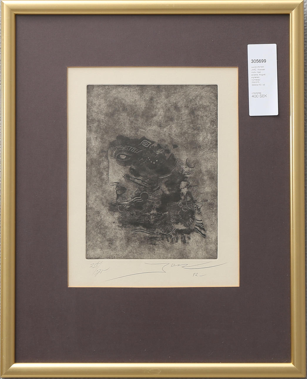 HANS PETER JARZ. Abstrakt motiv med ansikte, litografi, signerad, numrerad 255/375, daterad 82.
