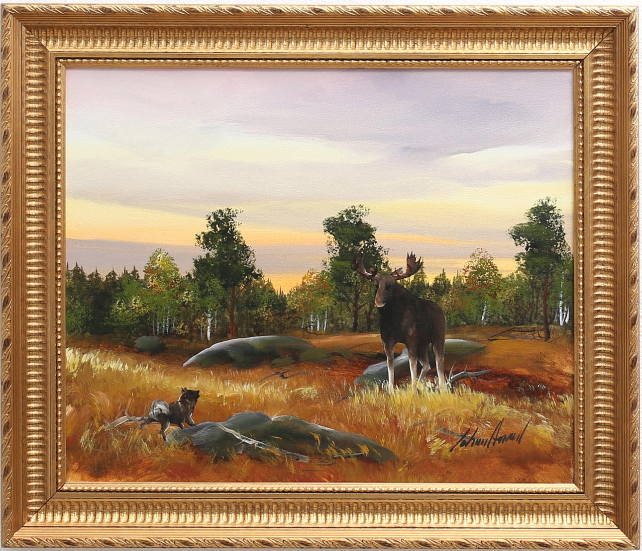 JOHAN ARVALL. "Älgjakt". Olja på duk, signerad.