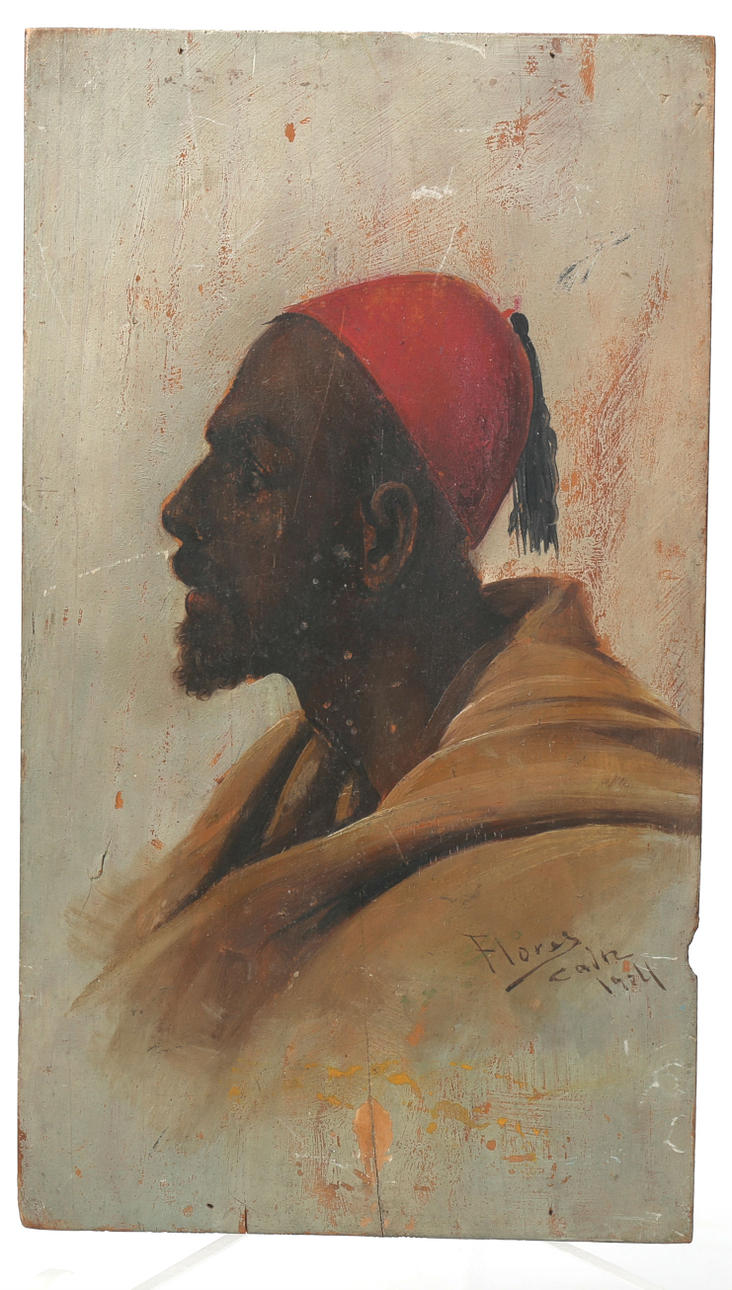 OIDENTIFIERAD KONSTNÄR. Olja på trä, Marockansk man, signerad Flores, Cadiz, daterad.