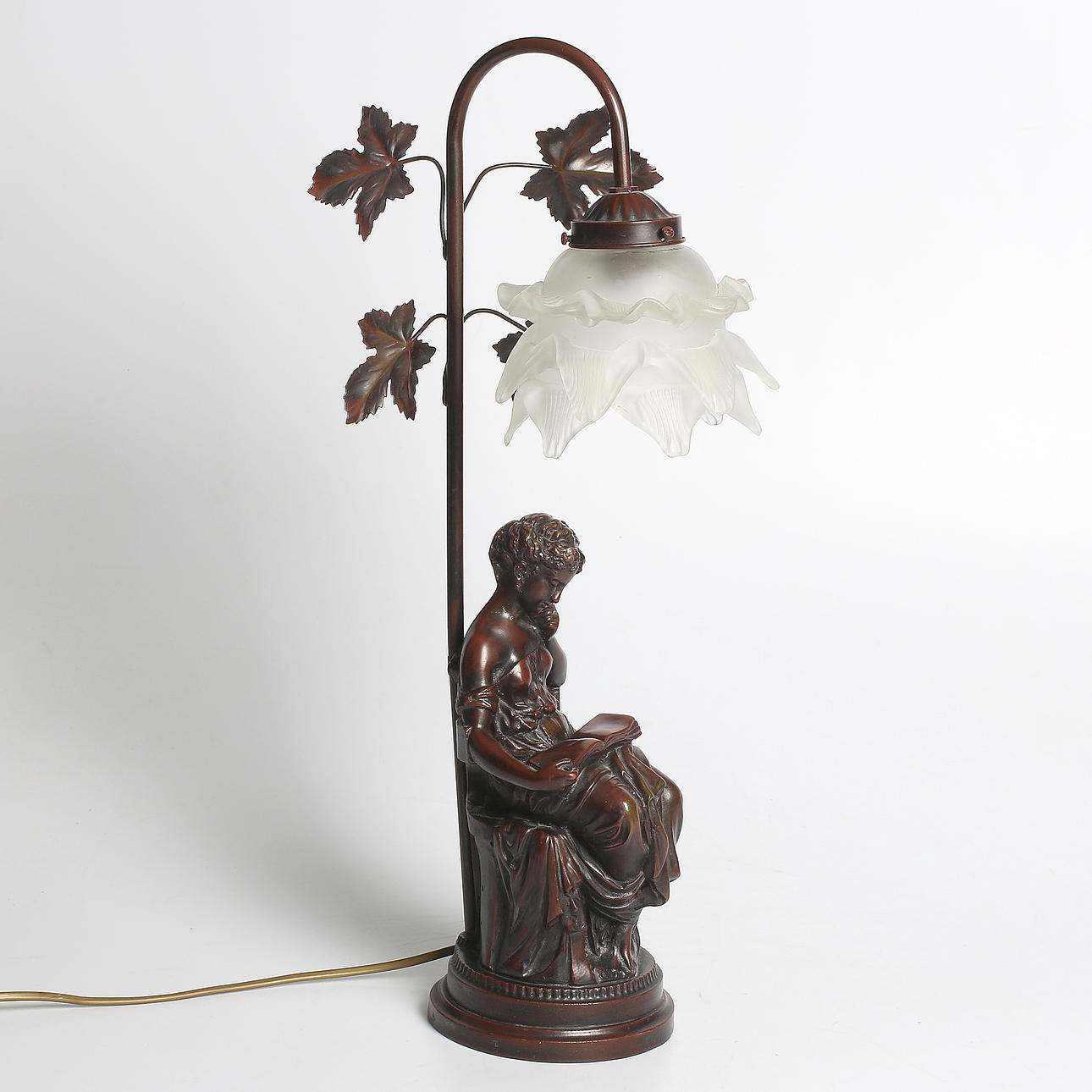 BORDSLAMPA, patinerad metall samt glas, Jugend stil. 1900-talets andra hälft.