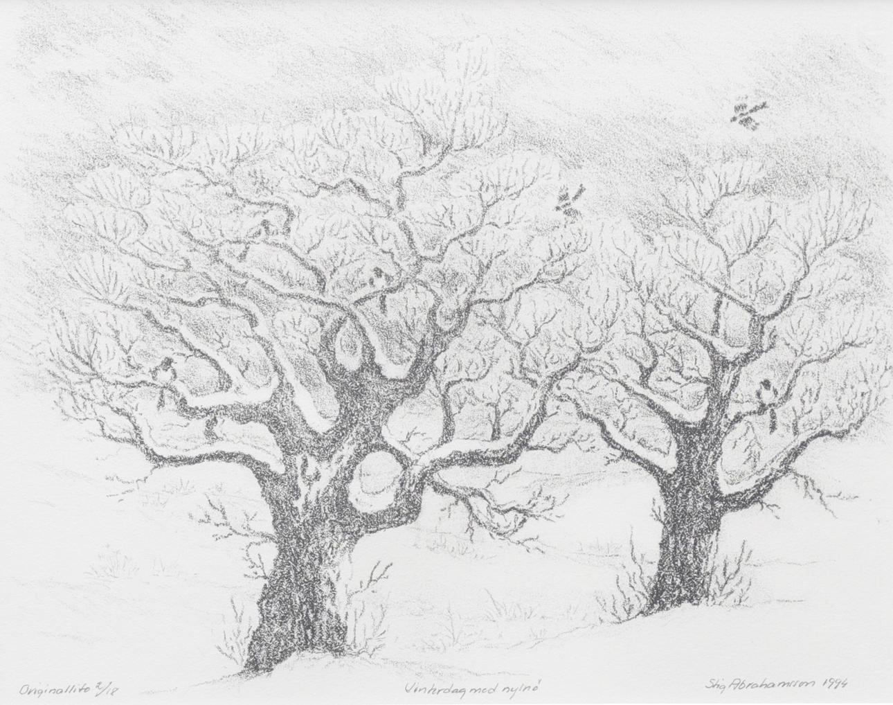STIG ABRAHAMSSON. "Winter day with fresh snow", original litho, signed and numbered 2/18.